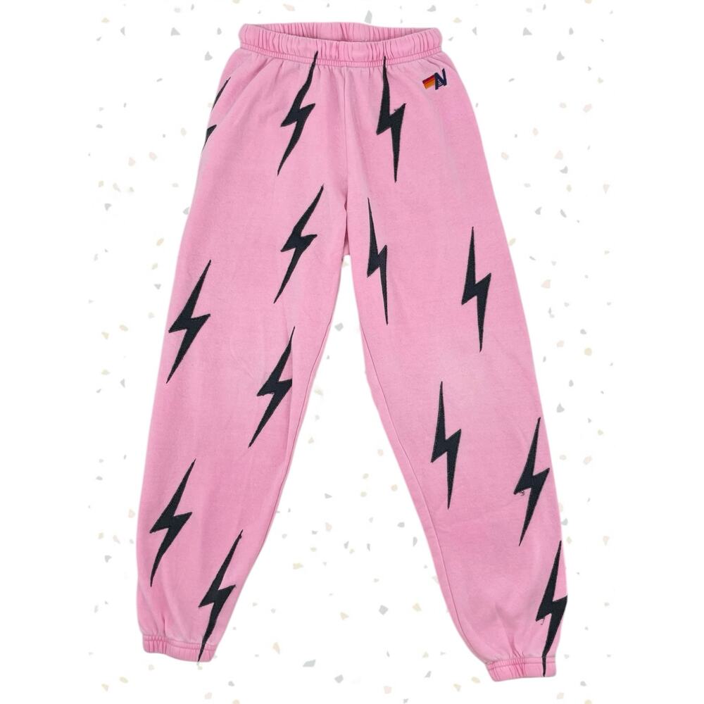 Aviator Nation Pink All Over Black Bolt Sweatpant Joggers Lounge Gym Fit Size XS